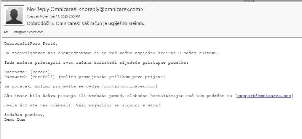 Primjer e-poruke dobrodošlice za CRM korisnika