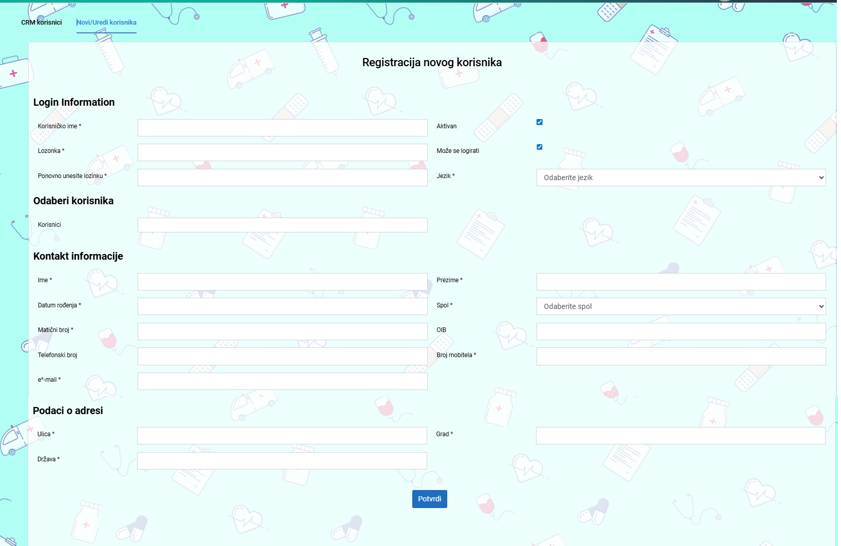 Forma za registraciju novog CRM korisnika