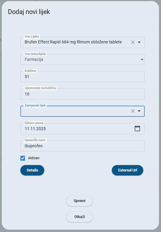 Forma za dodavanje novog lijeka