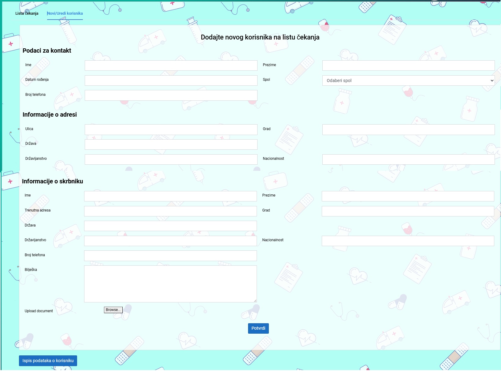 Forma za dodavanje novog korisnika na listu cekanja