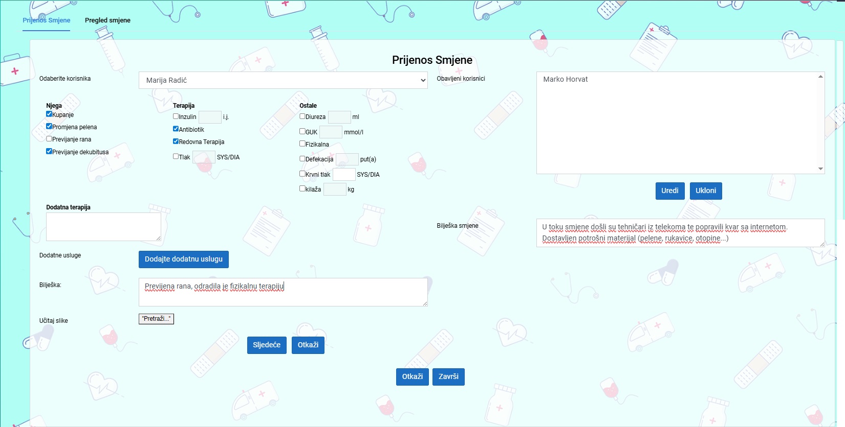Detaljan unos prijenosa smjene po korisniku