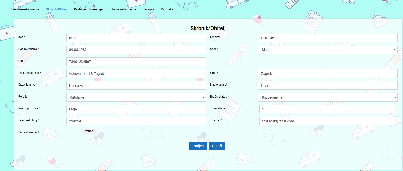 Kartica Skrbnik/Obitelj s podacima o kontakt osobi