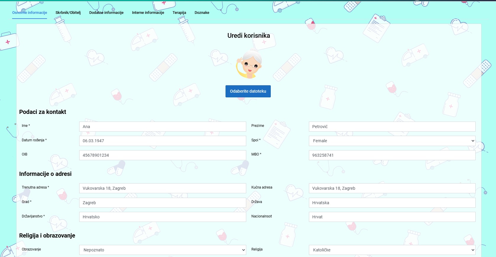 Sucelje za uredivanje ili dodavanje novog korisnika s karticama za pojedina podrucja